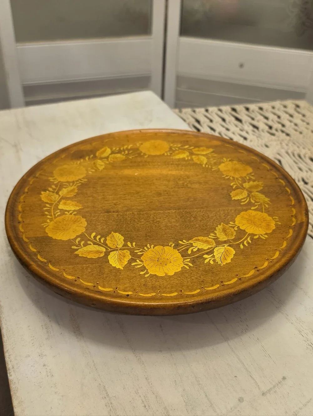 Vintage Signed Folk Art Wooden Lazy Susan Turntable Hand Painted Wreath